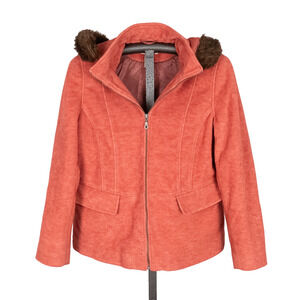 LL Bean Women's Wool Blend Hooded Coat Jacket LARGE Salmon Peach Apricot